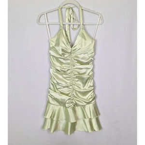 Jessica McClintock 6 Vintage 80s Green Satin Wiggle Ruched Party Prom Dress Mini